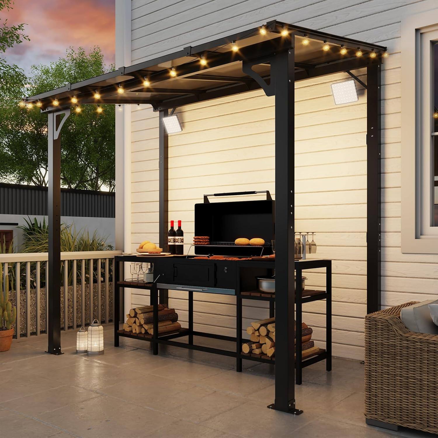 Angle. Yardgrace - 8'x 5' Outdoor Wall Mounted Lean-to Gazebo, Heavy Duty Sloped Roof Metal Awning for Patio, Decks & Backyard - Black.