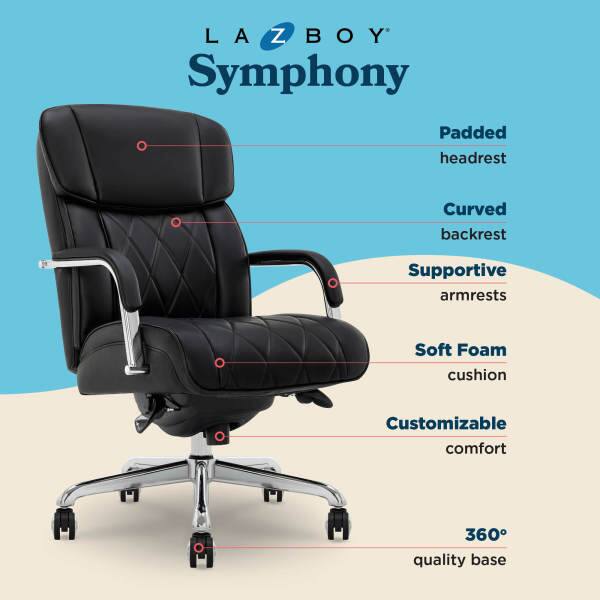 LAZBOY Symphony  
Padded headrest  
Curved backrest  
Supportive armrests  
Soft Foam cushion  
Customizable comfort  
360° quality base