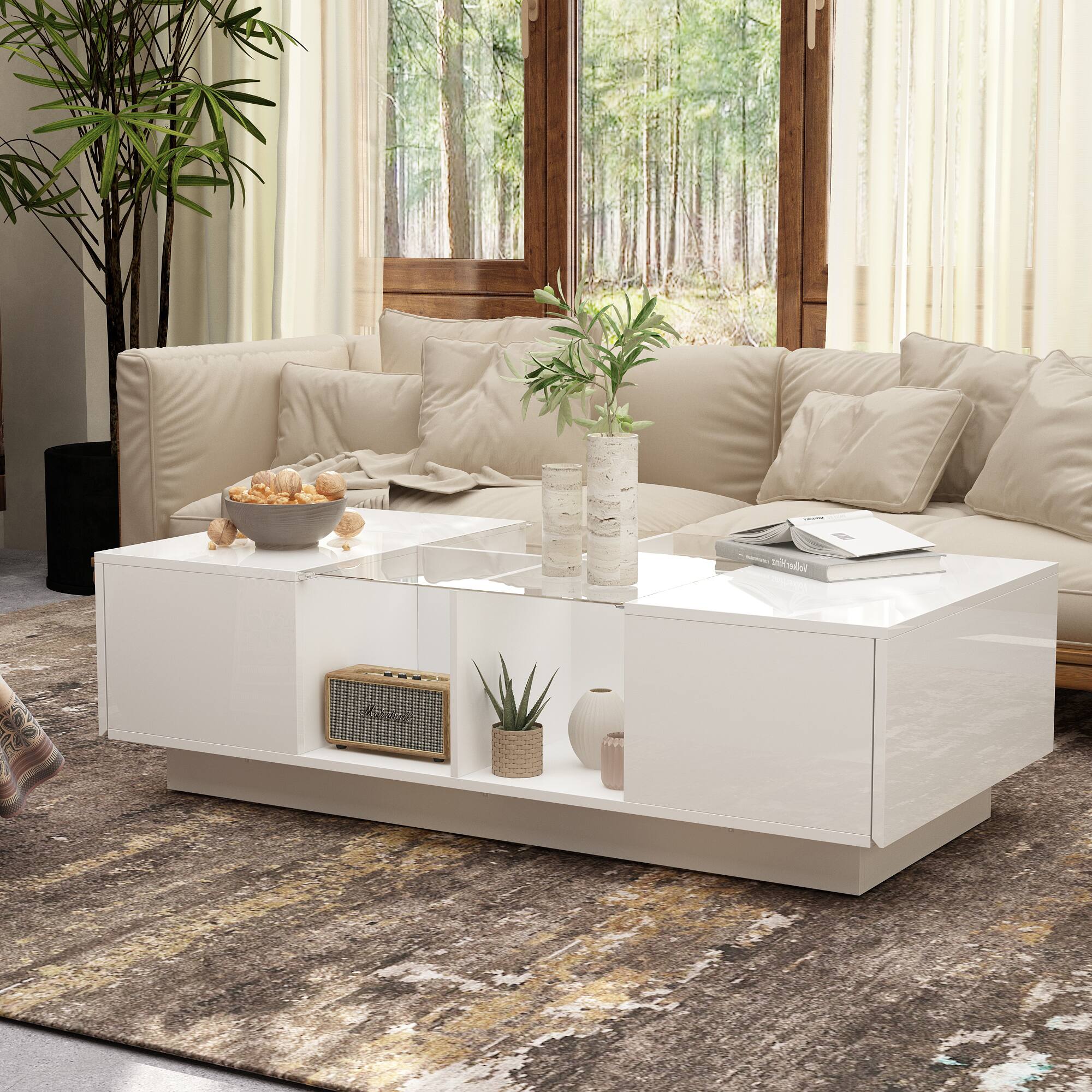 Back. FUFU&GAGA - Modern LED Coffee Table with Storage Drawers and Open Shelves for Living Room Organization and Ambient Lighting - White.