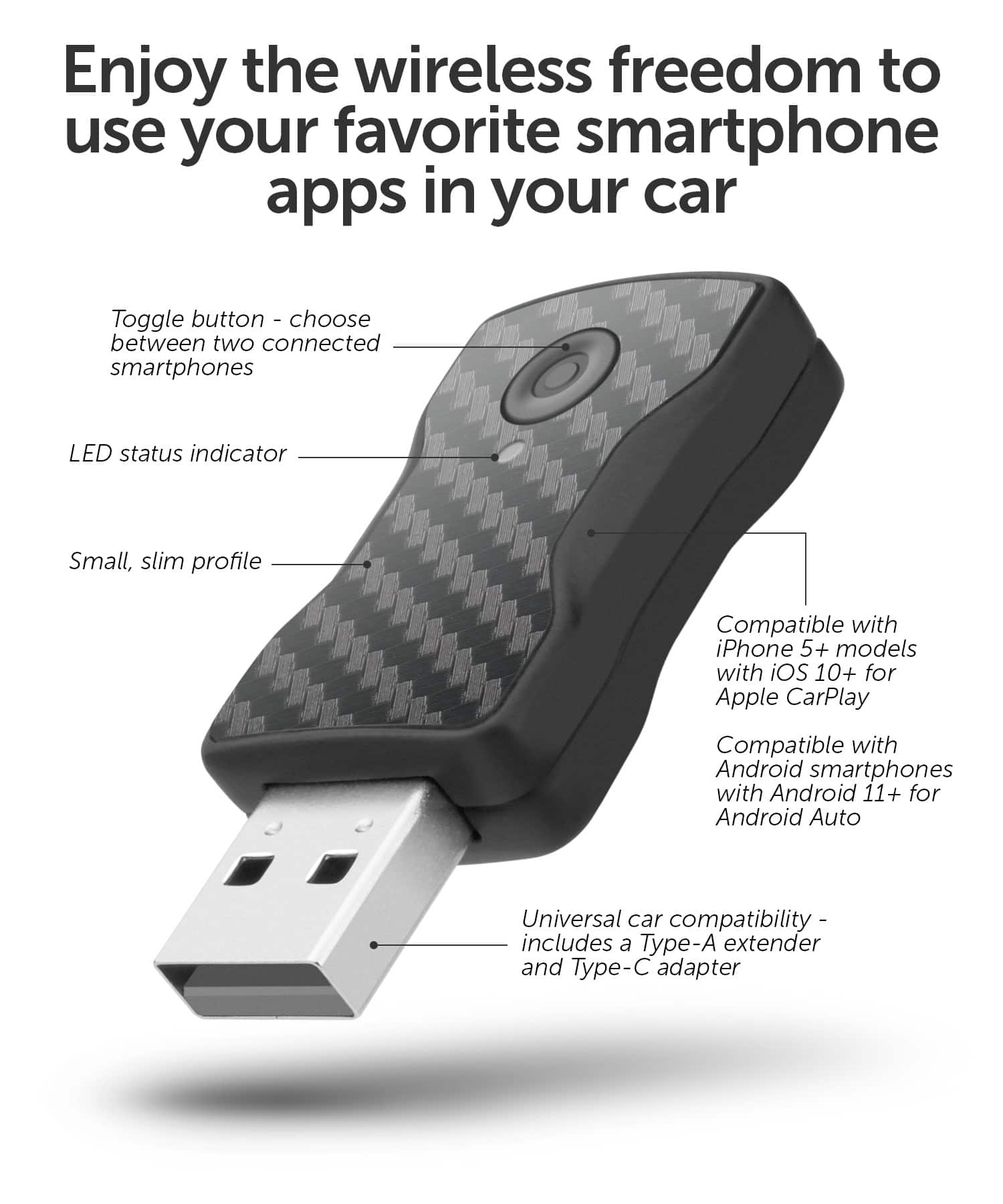 Aluratek - Apple CarPlay and Android Auto Combo Wireless Car Adapter - Black - Front_Zoom