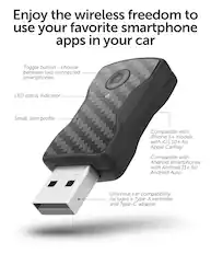 Enjoy the wireless freedom to use your favorite smartphone apps in your car. Toggle button - choose between two connected smartphones. LED status indicator. Small, slim profile. Compatible with iPhone 5+ models with iOS 10+ for Apple CarPlay. Compatible with Android smartphones with Android 11+ for Android Auto. Universal car compatibility - includes a Type-A extender and Type-C adapter.
