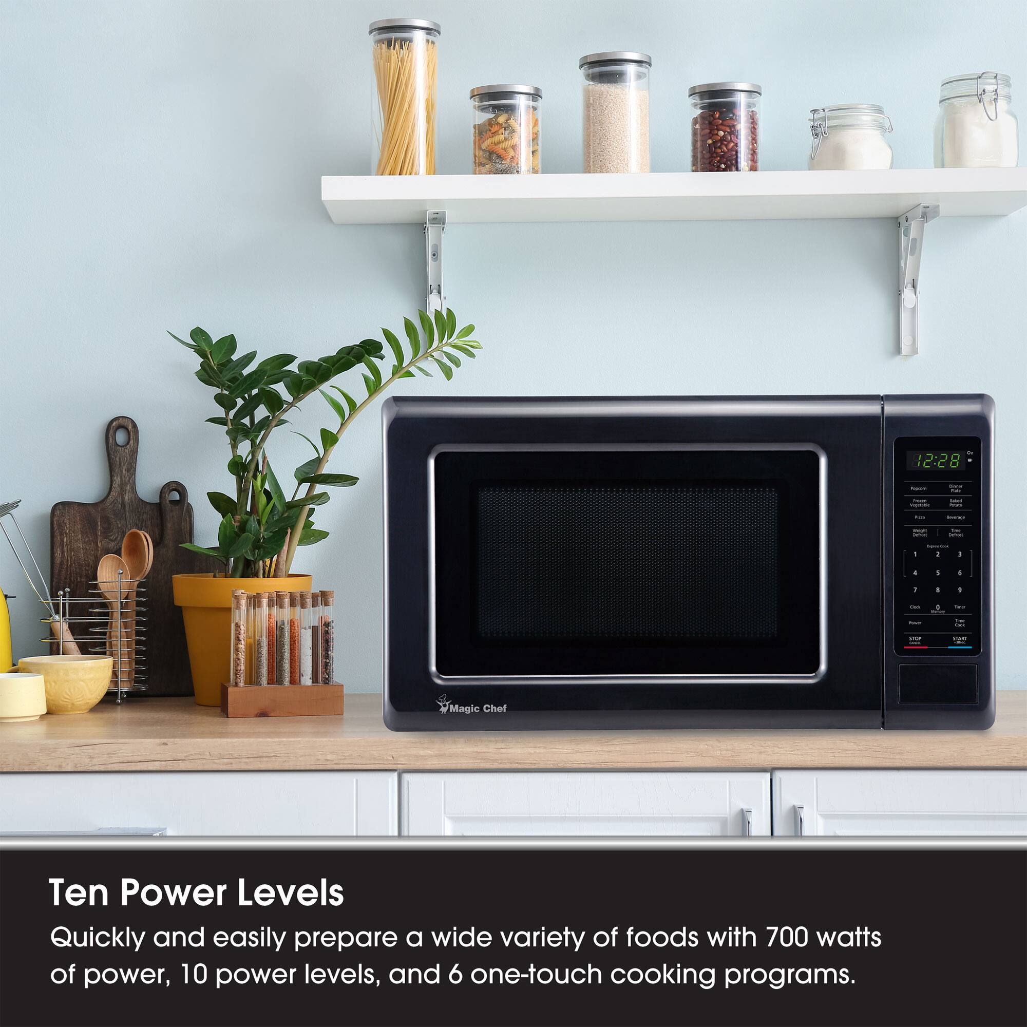 Ten Power Levels

Quickly and easily prepare a wide variety of foods with 700 watts of power, 10 power levels, and 6 one-touch cooking programs.