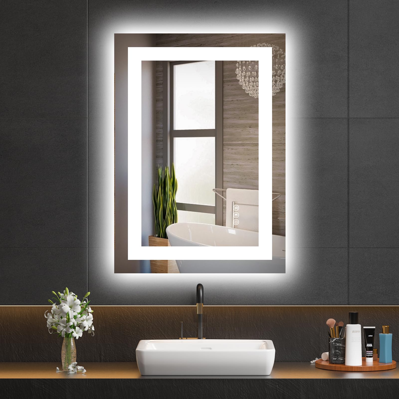 Earthley Blooms - x Led Bathroom Mirror With Lights Anti fog Dimmable Backlit Front Lit Smart Vanity Memory Function Shatterp - Led Bathroom Mirror (3 Light Modes) 28"L x 20"W