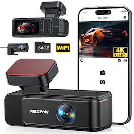 NEXPOW - 4K+2K Dash Cam,Front and Rear Dual Dash Camera for Cars with 64GB Card,Built-in Wifi,Night Vision,G-Sensor