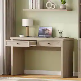 Bestier - 47 Inch Office Writing Desk with Power Outlet Heavy Duty Thick Desktop 2 Drawers Vanity Console Table - Sunlit Oak