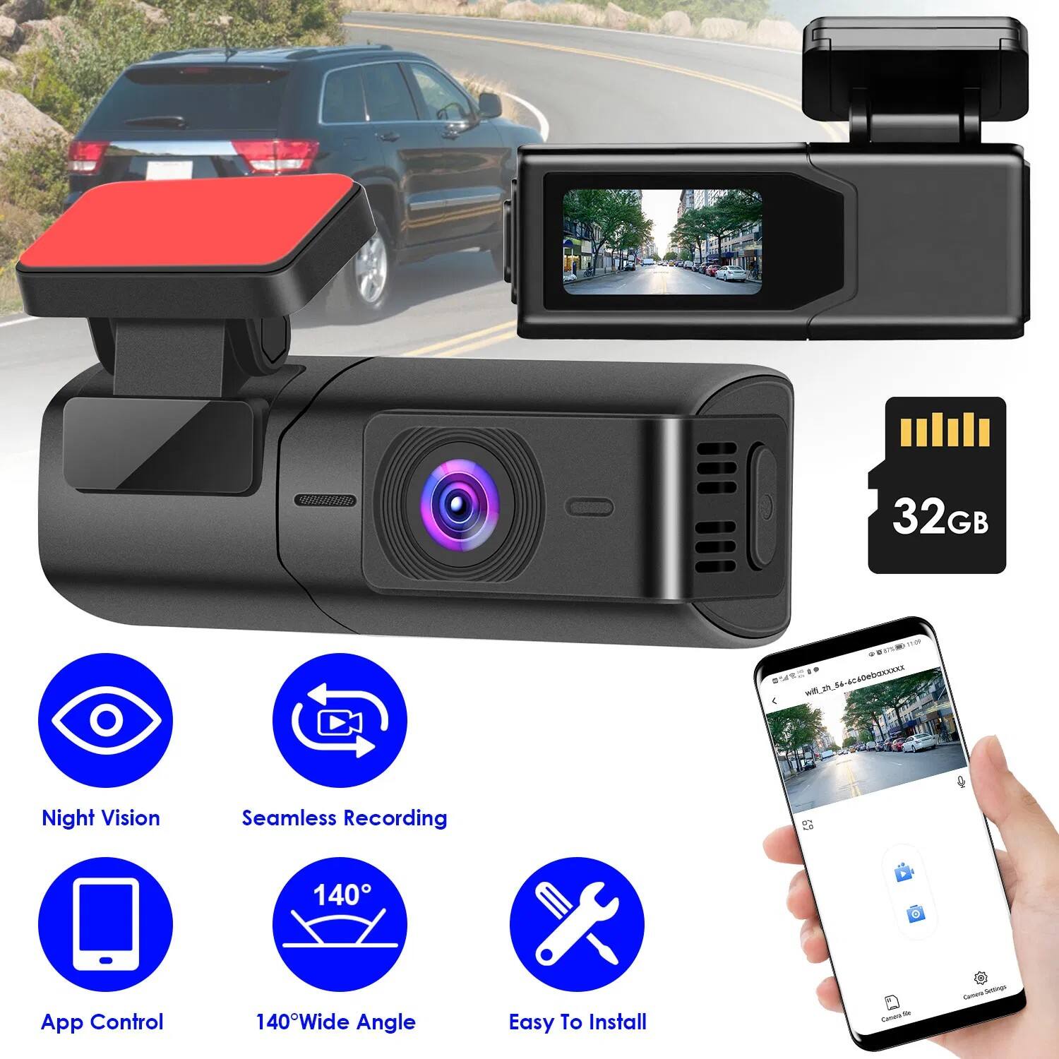 32GB with te-eceteboxxxx  
Night Vision Seamless Recording  
140 App Control  
140° Wide Angle  
Easy To Install