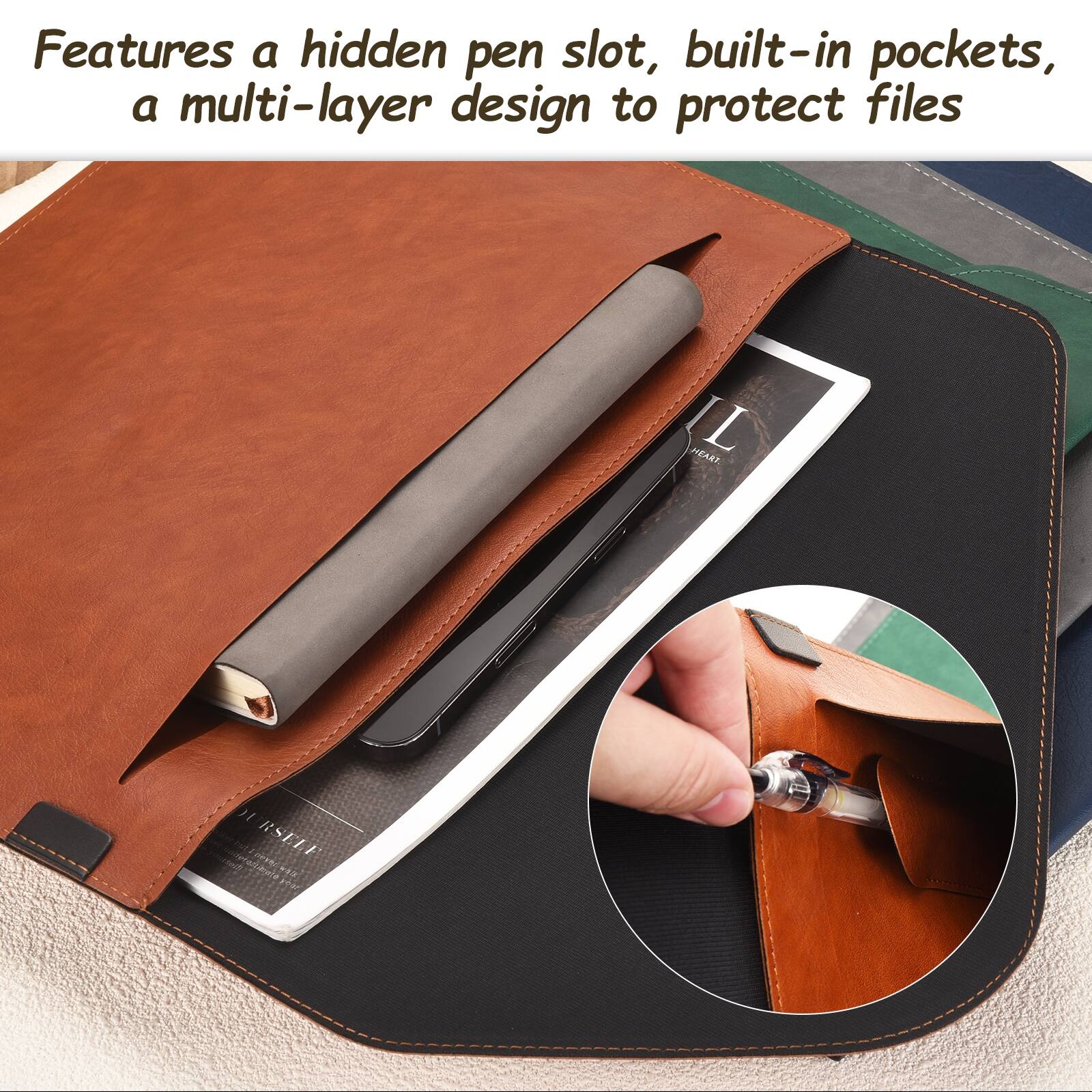Features a hidden pen slot, built-in pockets, a multi-layer design to protect files