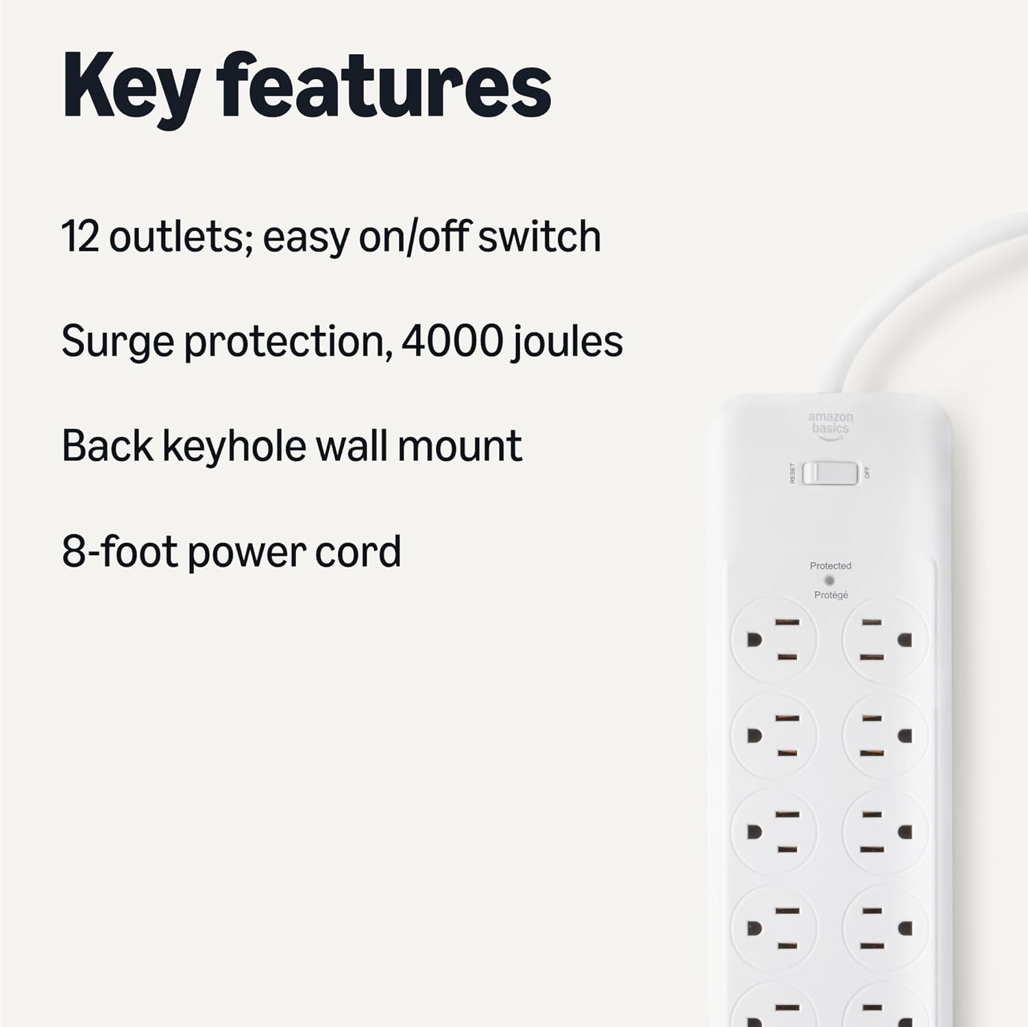 Key features

12 outlets; easy on/off switch

Surge protection, 4000 joules

Back keyhole wall mount

8-foot power cord
