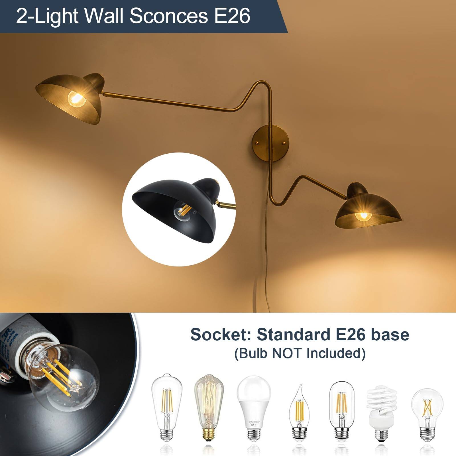 2-Light Wall Sconces E26

Socket: Standard E26 base (Bulb NOT Included)