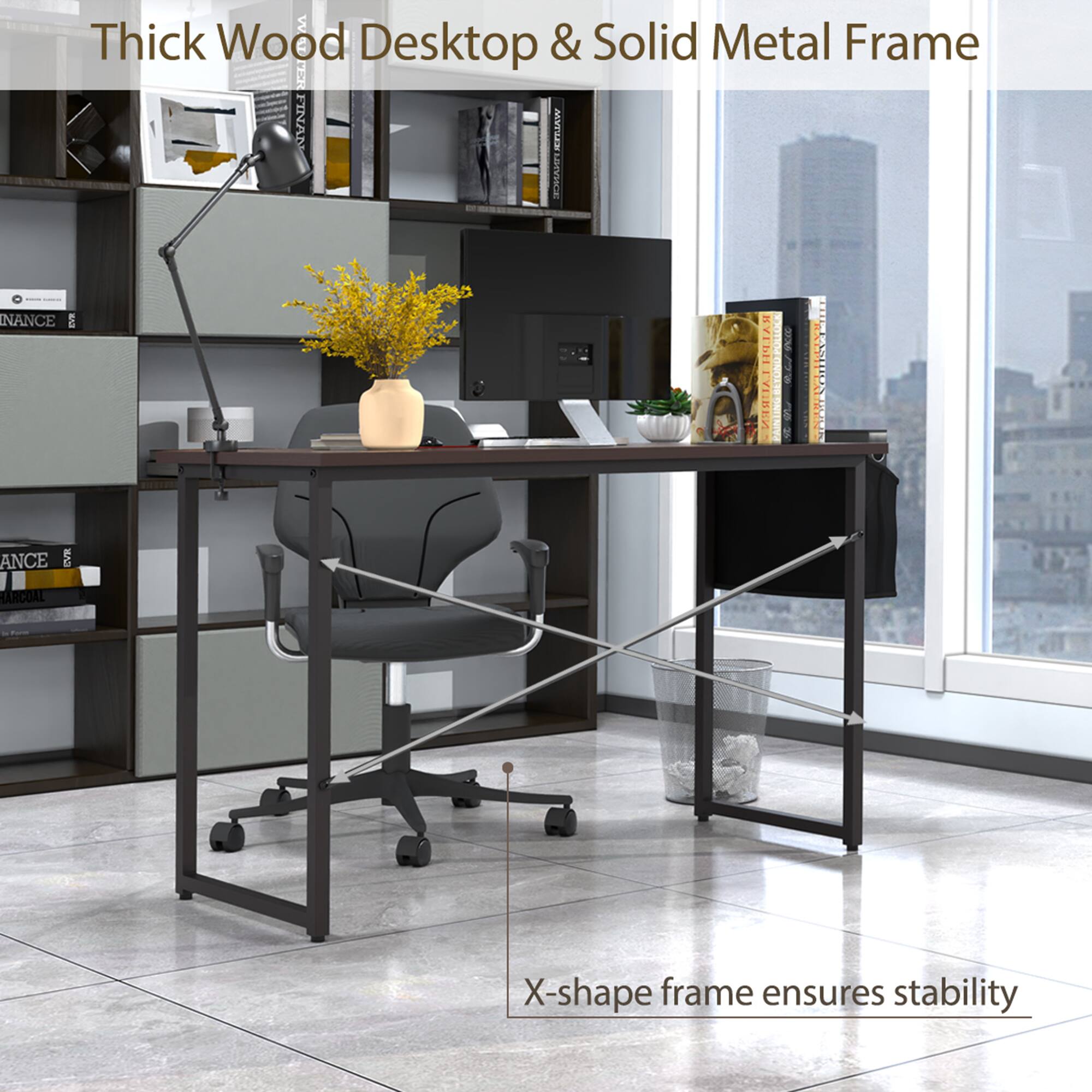 Thick Wood Desktop & Solid Metal Frame, X-shape frame ensures stability