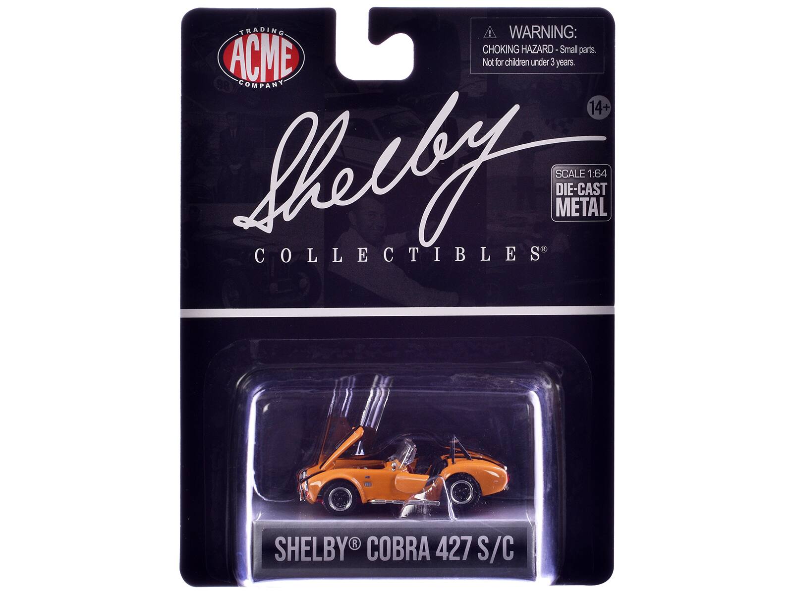 **ACME COMPANY**

**Shelby Collectibles**

**WARNING: CHOKING HAZARD - Small parts. Not for children under 3 years.**

**14+**

**SCALE 1:64**

**DIE-CAST METAL**

**SHELBY® COBRA 427 S/C**