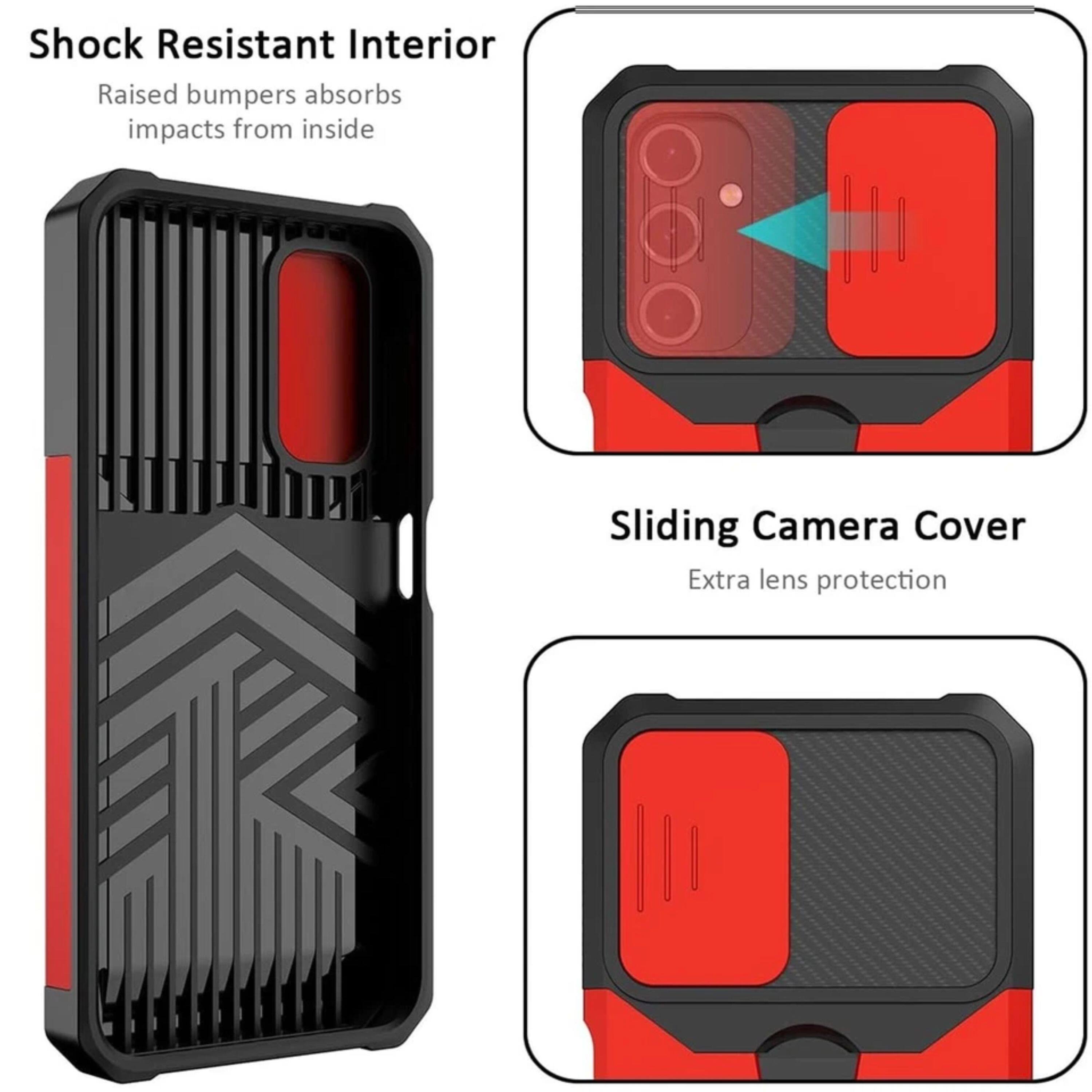 Shock Resistant Interior  
Raised bumpers absorb impacts from inside  

Sliding Camera Cover  
Extra lens protection