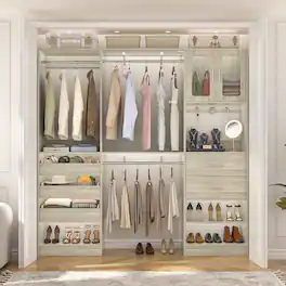 Aheaplus - 120'' Closet System 2-Piece Set, 10FT Walk in Closet Organizer with 5 Drawers, 3 Hanging Rods, and Cabinet, Reversible - Beige Oak