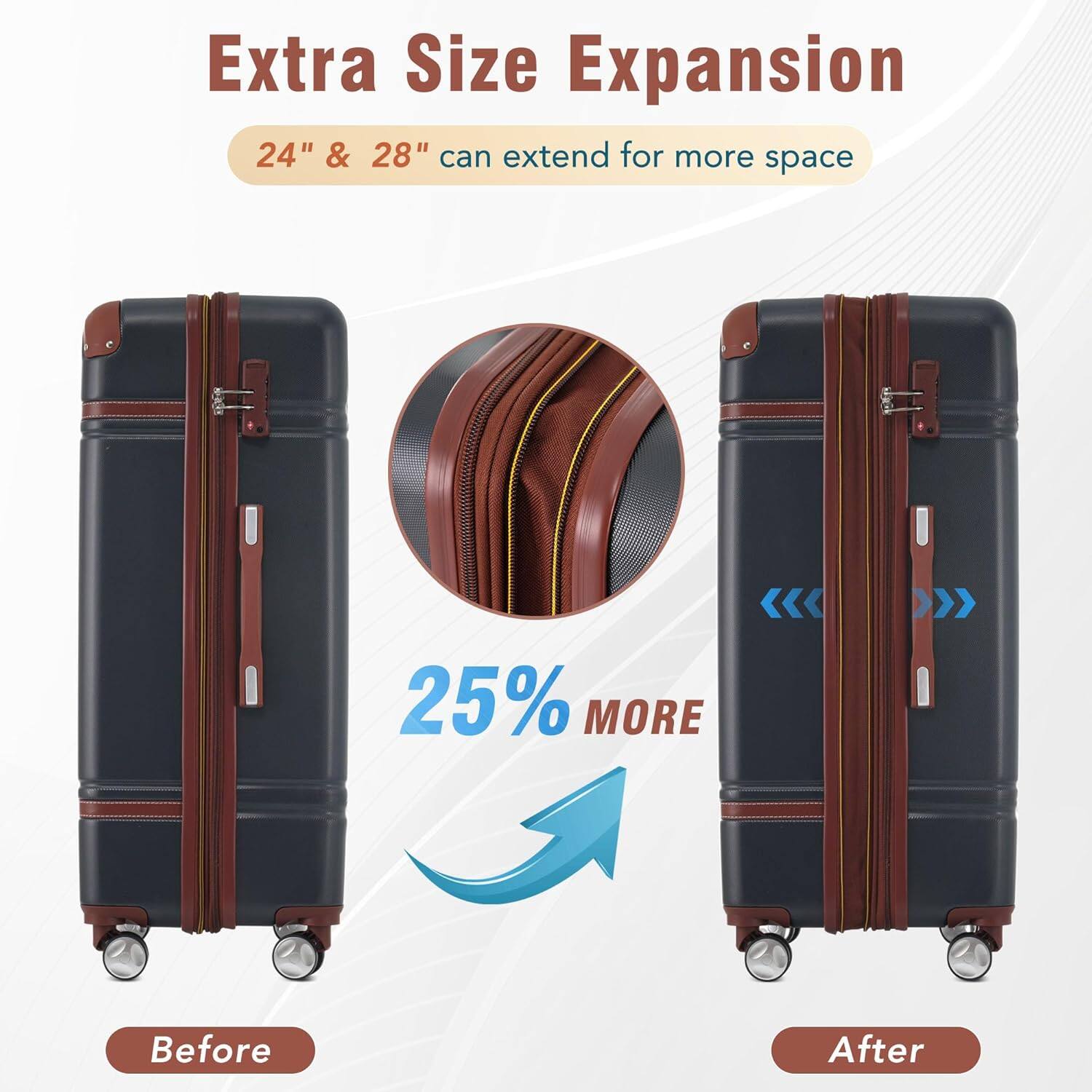 Extra Size Expansion  
24" & 28" can extend for more space  

25% MORE  

Before  
After