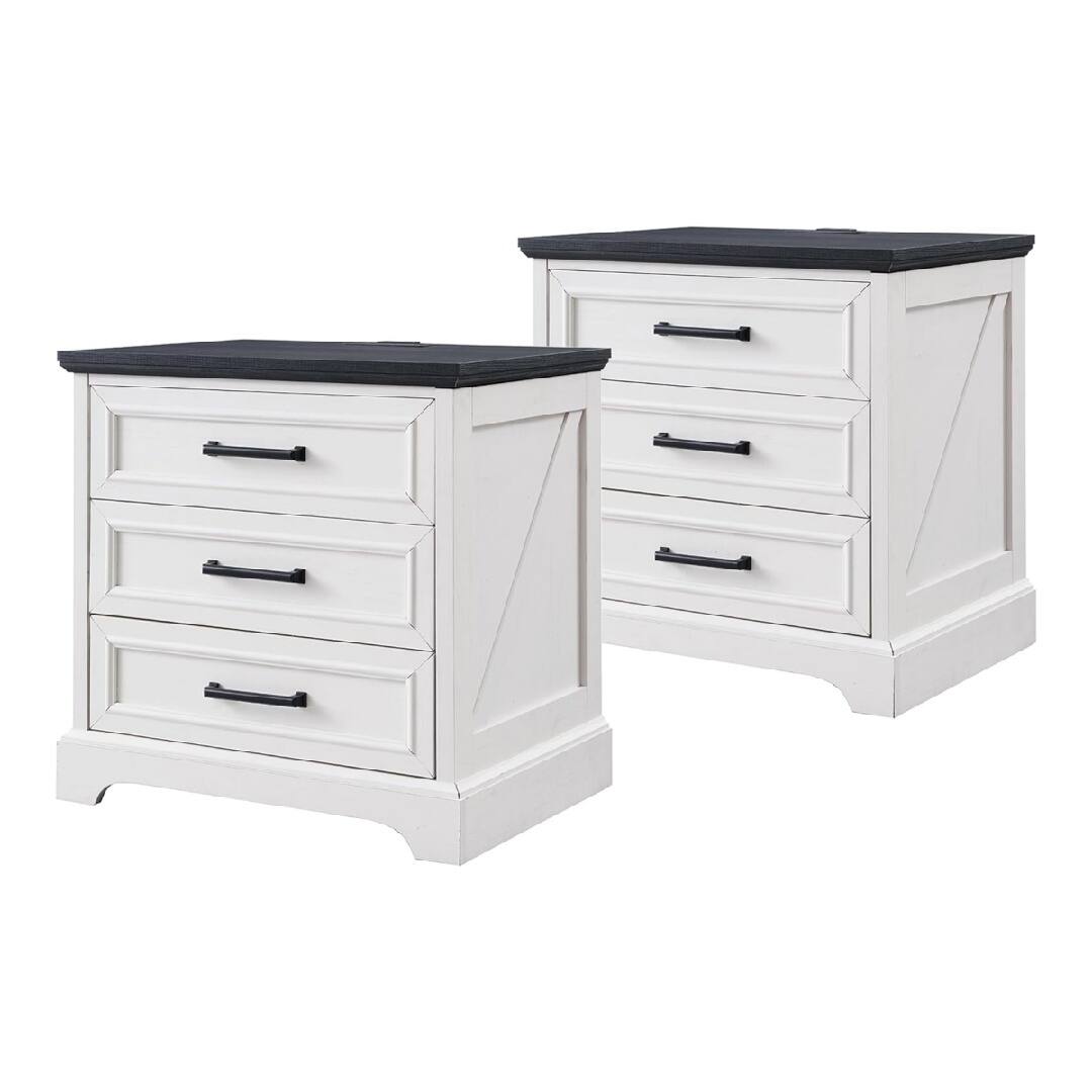 Front. GARVEE - Farmhouse Nightstand Set of 2 with Charging Station, 22 Inch Wide End Table with 3 Large Drawers, Off White - White.