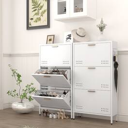 Loheer - tilt out shoe cabinet Heavy Duty Metal Space Saving - White