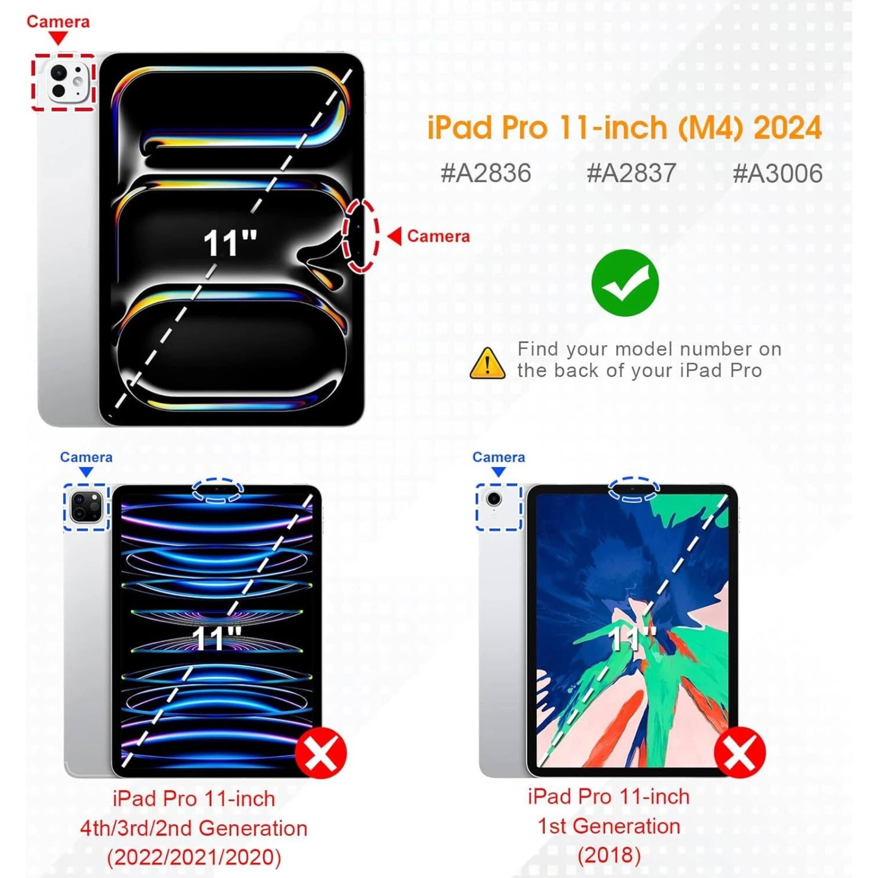 iPad Pro 11-inch (M4) 2024  
#A2836 #A2837 #A3006  

iPad Pro 11-inch 4th/3rd/2nd Generation (2022/2021/2020)  

iPad Pro 11-inch 1st Generation (2018)  

Find your model number on the back of your iPad Pro