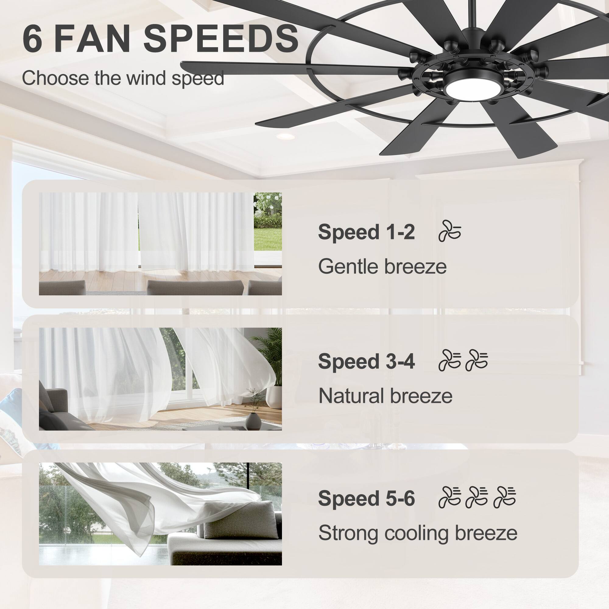 6 FAN SPEEDS  
Choose the wind speed

Speed 1-2  
Gentle breeze

Speed 3-4  
Natural breeze

Speed 5-6  
Strong cooling breeze