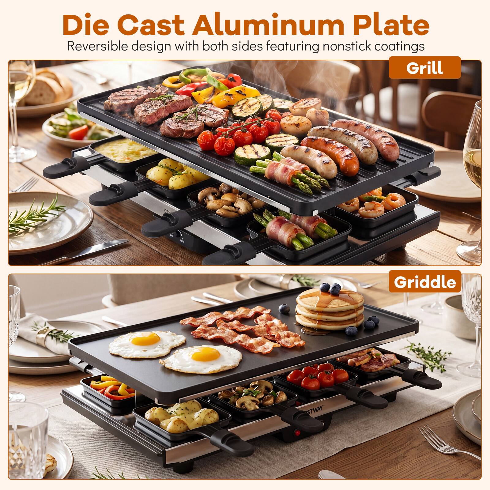 Die Cast Aluminum Plate  
Reversible design with both sides featuring nonstick coatings  

Grill  
Griddle