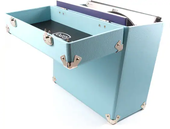 Front. PopMarket - GPO Retro SWB18BLU 12" Vinyl Record Case 35 Count Capacity with Removable Lid - Blue - VINYL ACCESSORIES - Blue.