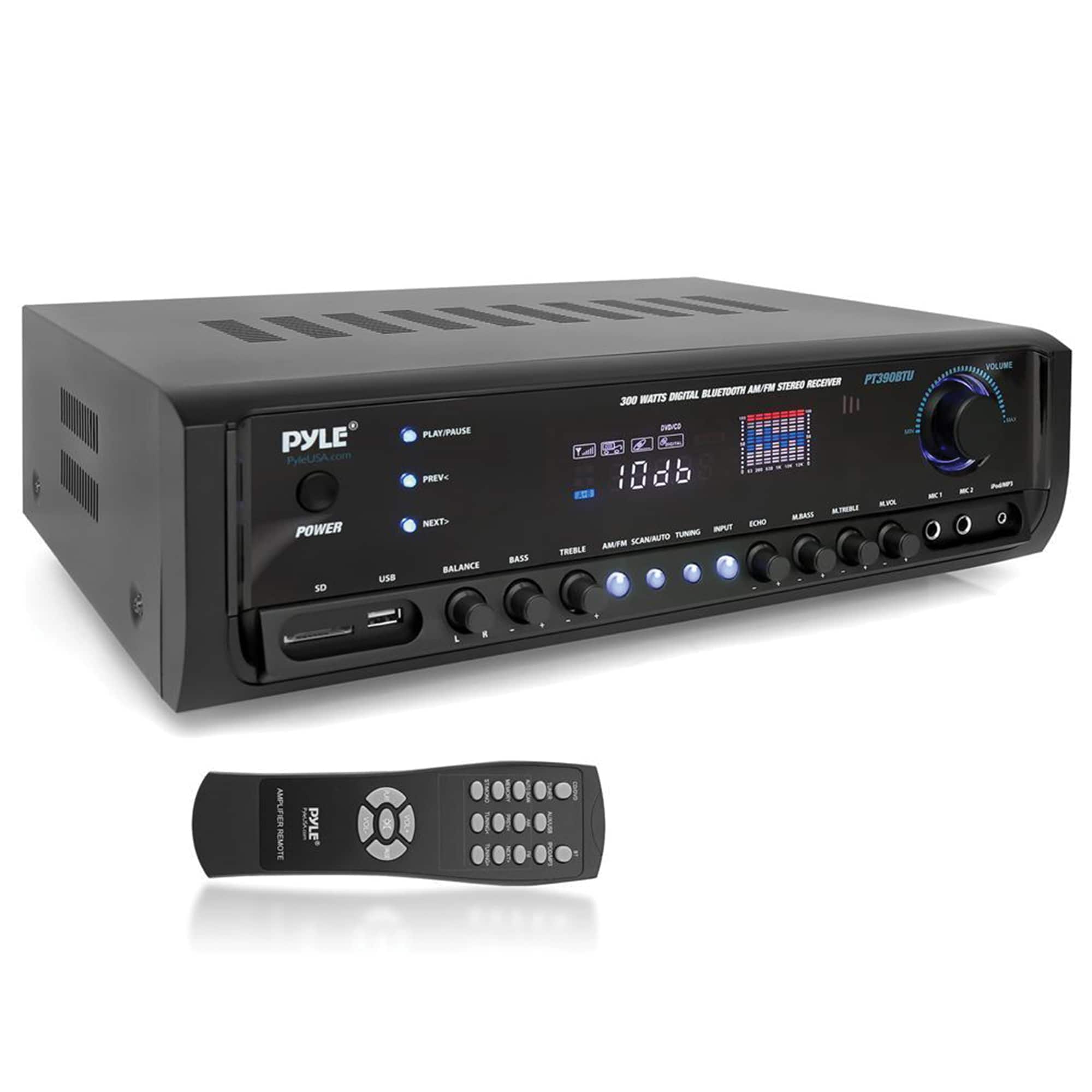 The image features a PYLE brand stereo system with a remote control placed next to it. The stereo system has a digital display and is equipped with various controls, such as play/pause, volume, and power. It also has a USB port and a SD card slot for additional storage and connectivity options. The remote control is designed to operate the stereo system, allowing users to easily control the various functions of the device.