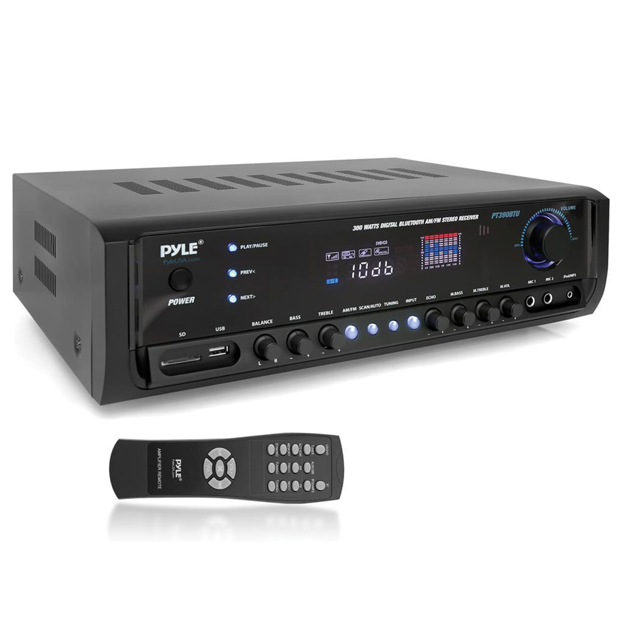 The image features a PYLE brand stereo system with a remote control placed next to it. The stereo system has a digital display and is equipped with various controls, such as play/pause, volume, and power. It also has a USB port and a SD card slot for additional storage and connectivity options. The remote control is designed to operate the stereo system, allowing users to easily control the various functions of the device.