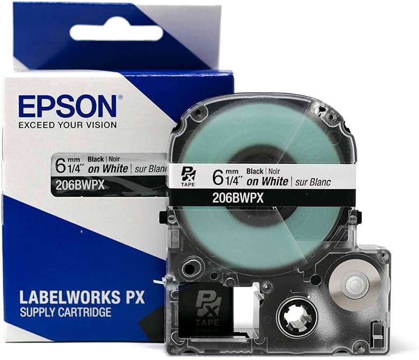 EPSON  
EXCEED YOUR VISION  

6 mm Black | Noir 6 1/4" on White | sur Blanc 206BWPX  

LABELWORKS PX  
SUPPLY CARTRIDGE  

TAPE