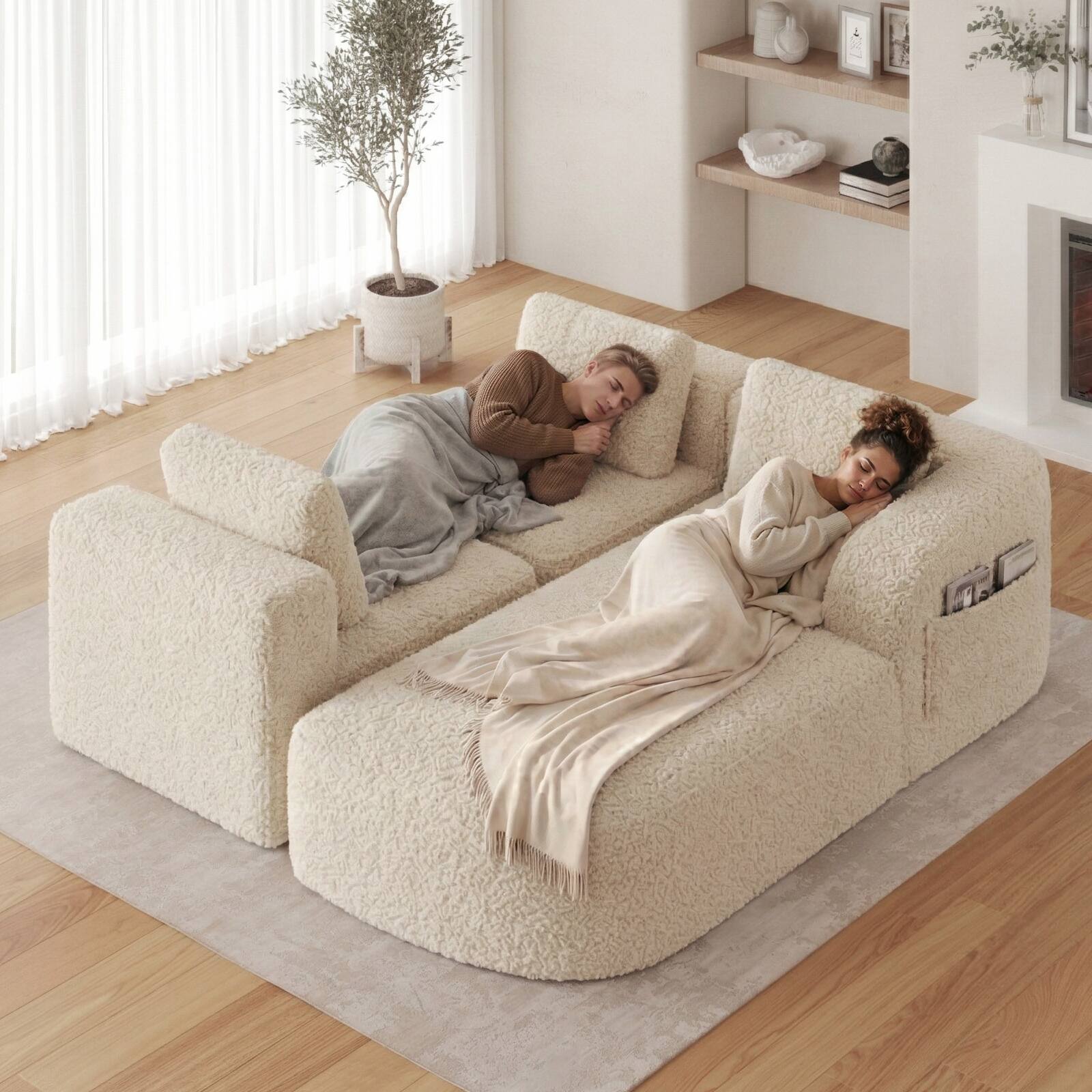 Alt View 6. Pinmoco - PINMOCO Modular Sectional Sofa, Sleeper Sofa Bed with 3 Pillows, Boneless Couch with Side Pockets - Right Chaise Off White.