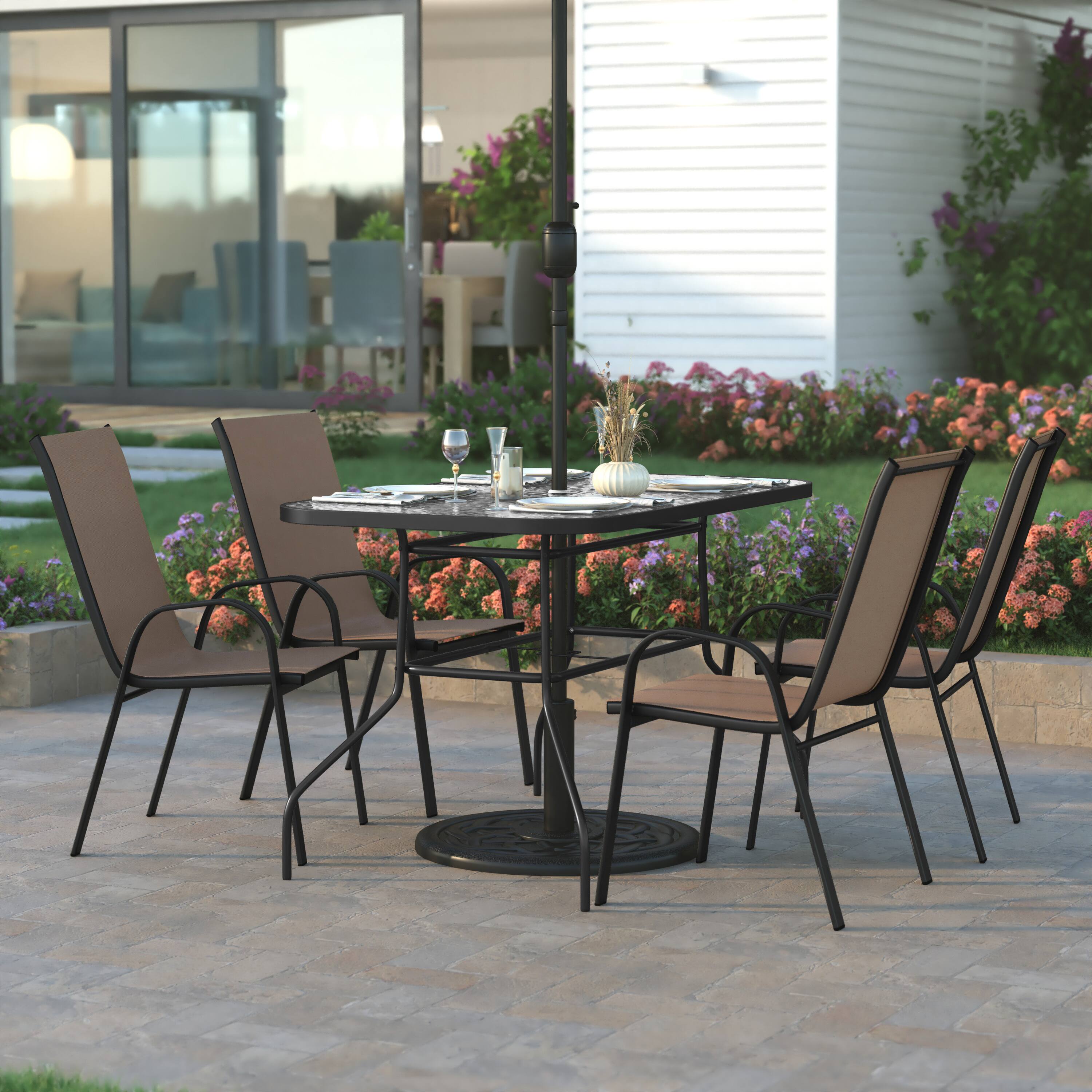 Alt View 1. Emma + Oliver - Bartlett 5 Piece Outdoor Dining Set with Tempered Glass Top Patio Table and 4 Flex Comfort Textilene Stacking Chairs - Brown.
