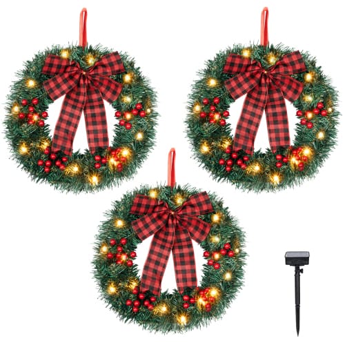 Winado - 14in Solar Christmas Wreath 3PCS Wall Mount with LED Light, Red Bow Berries for Outdoor Holiday Party Display Decoration - Green
