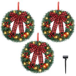 Winado - 14in Solar Christmas Wreath 3PCS Wall Mount with LED Light, Red Bow Berries for Outdoor Holiday Party Display Decoration - Green