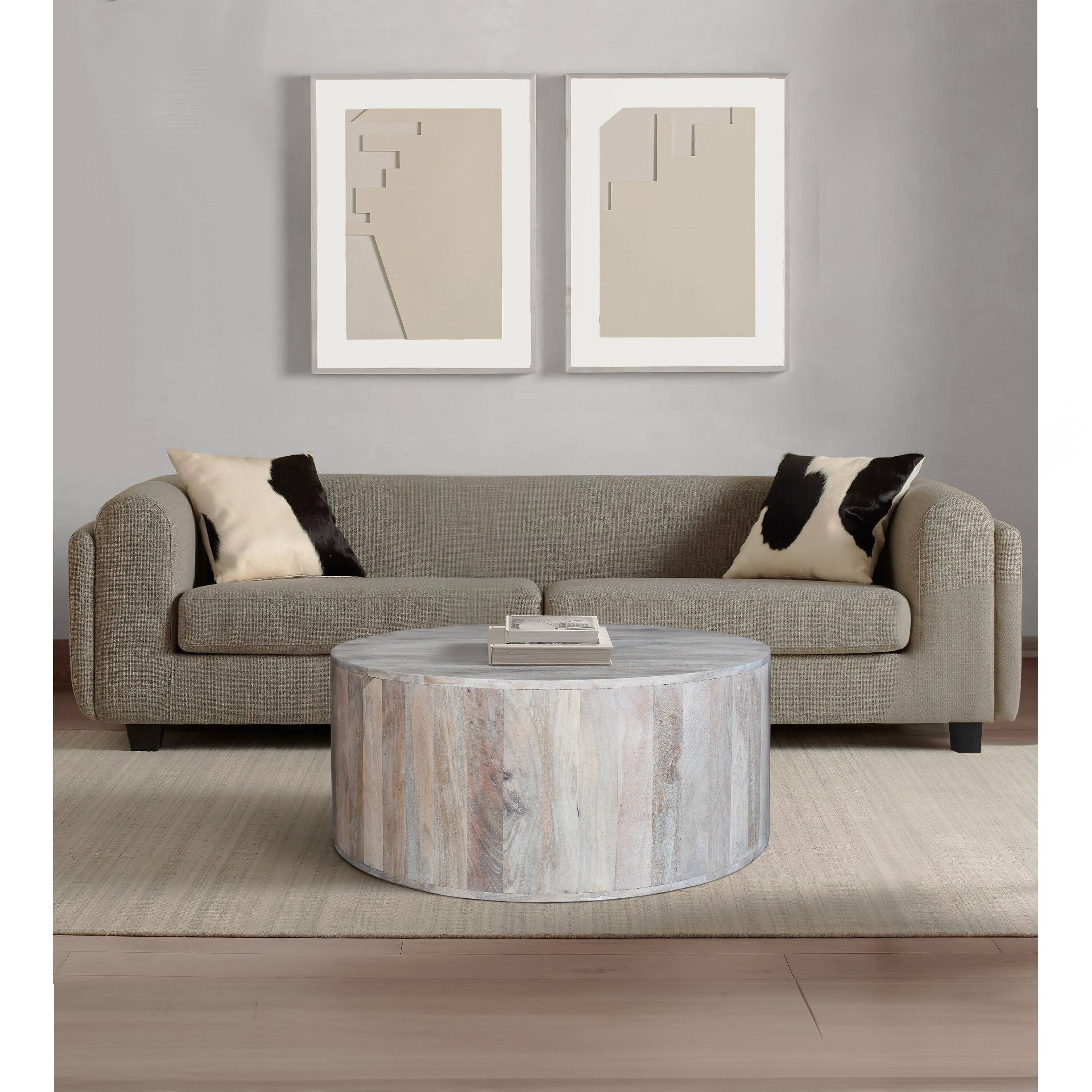 Alt View 9. Manhattan Lane - 36 Inch Coffee Table, Handcrafted Drum Shape, Mango Wood - White.