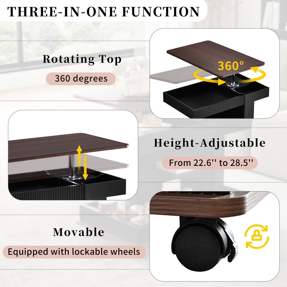 THREE-IN-ONE FUNCTION

Rotating Top
360 degrees

Height-Adjustable
From 22.6" to 28.5"

Movable
Equipped with lockable wheels