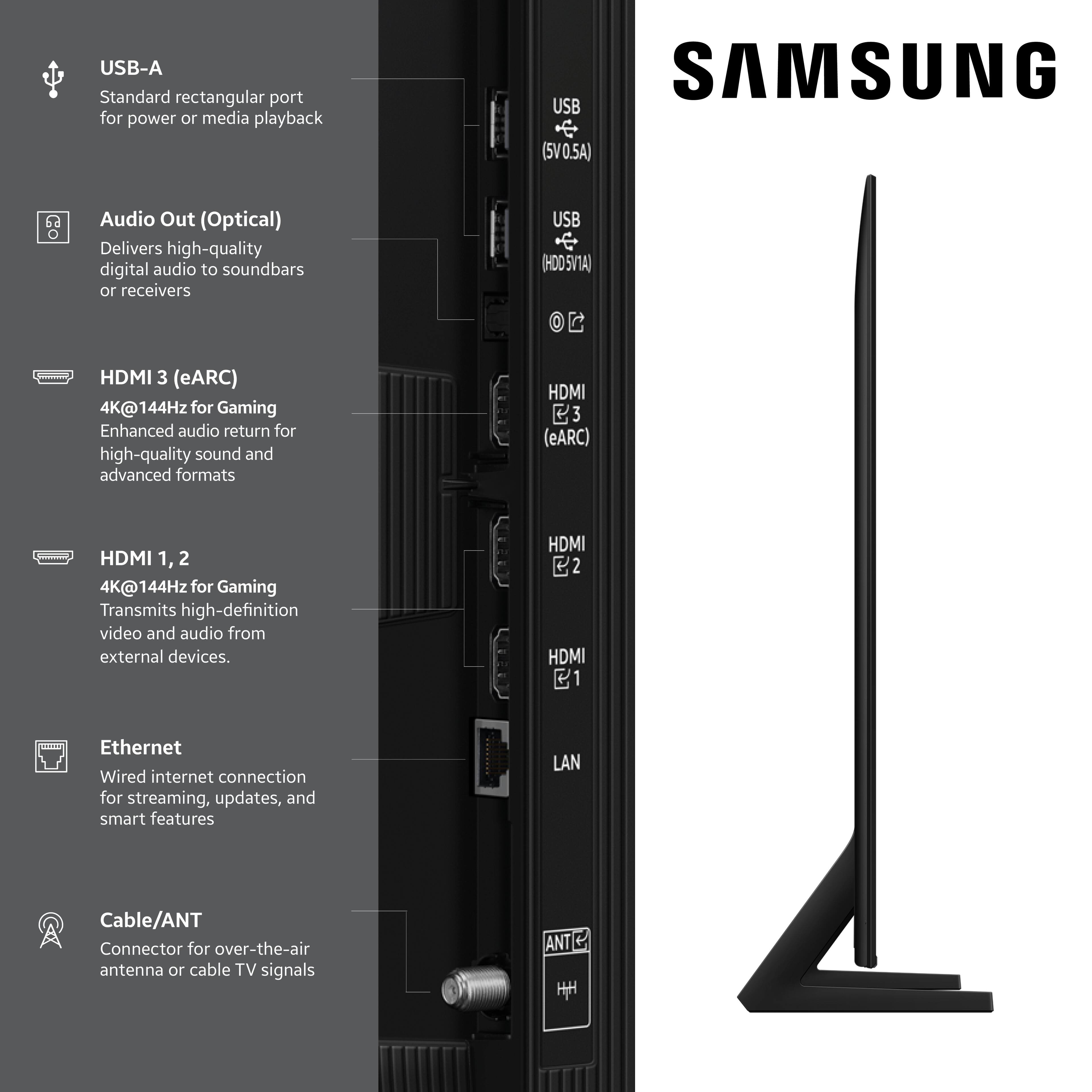 USB-A Standard rectangular port for power or media playback

USB (5V0.5A)

Audio Out (Optical) Delivers high-quality digital audio to soundbars or receivers

HDMI 3 (eARC) 4K@144Hz for Gaming Enhanced audio return for high-quality sound and advanced formats

HDMI 1, 2 4K@144Hz for Gaming Transmits high-definition video and audio from external devices.

Ethernet Wired internet connection for streaming, updates, and smart features

Cable/ANT Connector for over-the-air antenna or cable TV signals