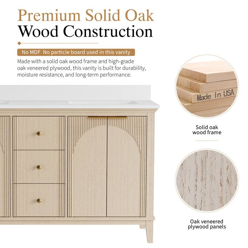 Premium Solid Oak Wood Construction  
No MDF No particle board used in this vanity  
Made with a solid oak wood frame and high-grade oak veneered plywood, this vanity is built for durability, moisture resistance, and long-term performance.  
In USA  
Made Solid oak wood frame  
Oak veneered plywood panels