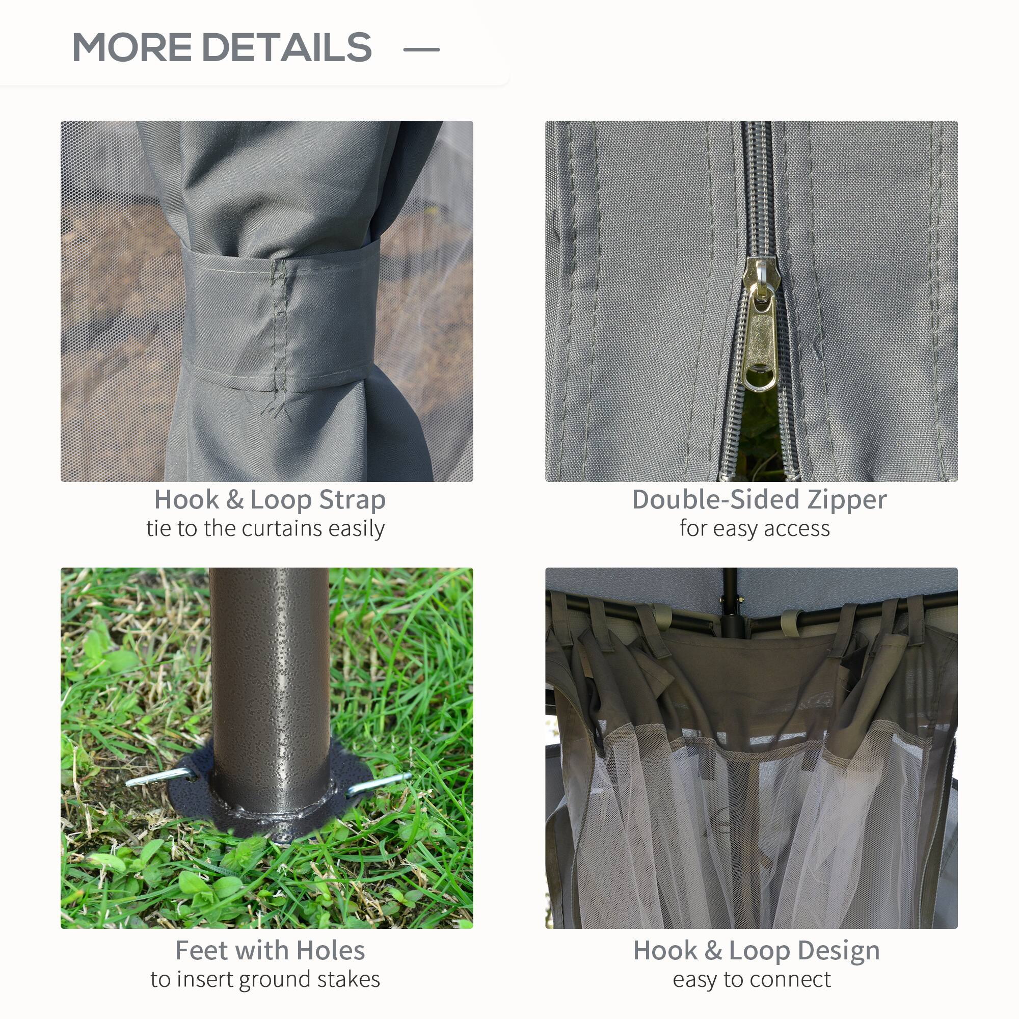 MORE DETAILS - Hook & Loop Strap tie to the curtains easily, Double-Sided Zipper for easy access, Feet with Holes to insert ground stakes, Hook & Loop Design easy to connect