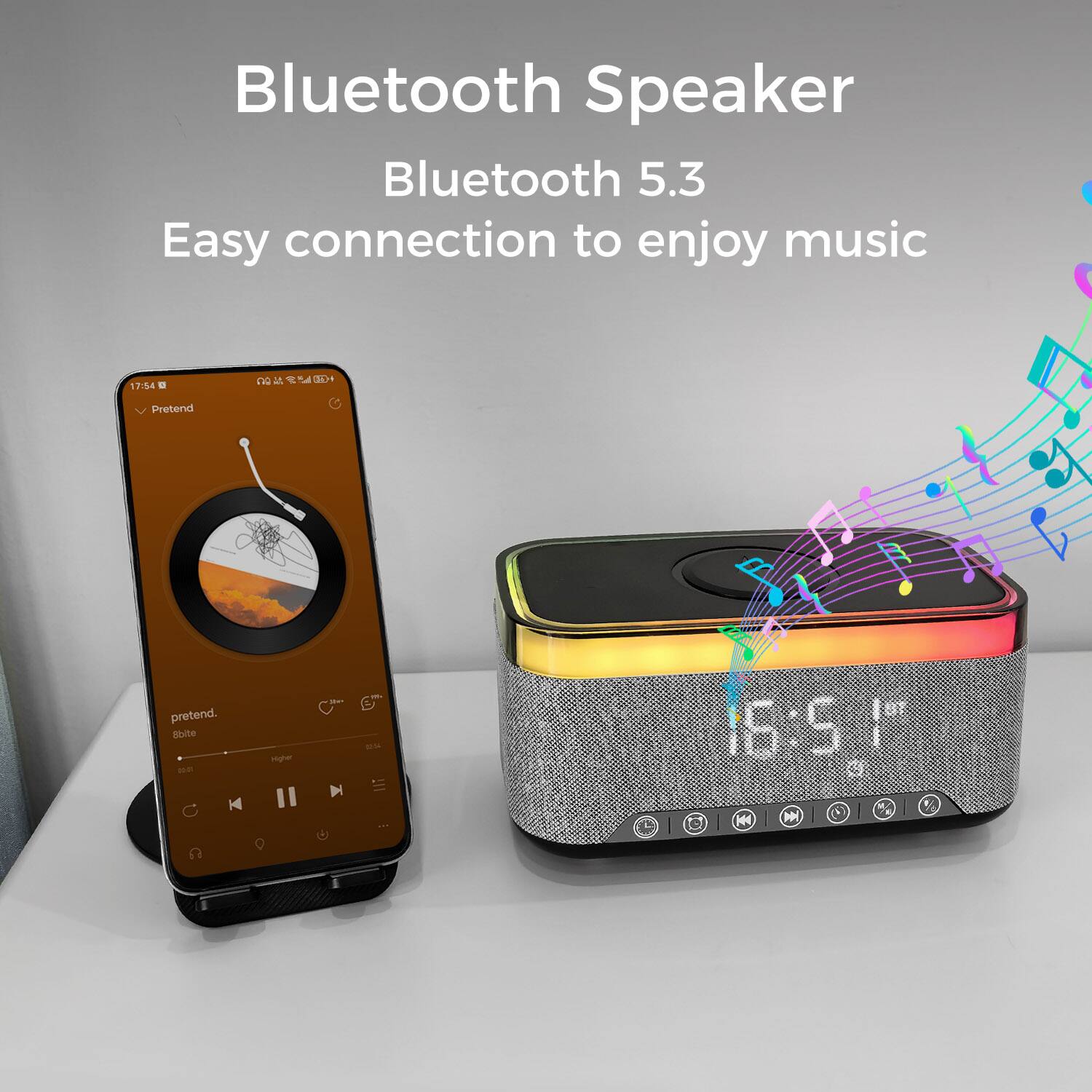 Bluetooth Speaker  
Bluetooth 5.3  
Easy connection to enjoy music  

17:54  
Pretend  

pretend.  
oboe  
18:01  

16:51