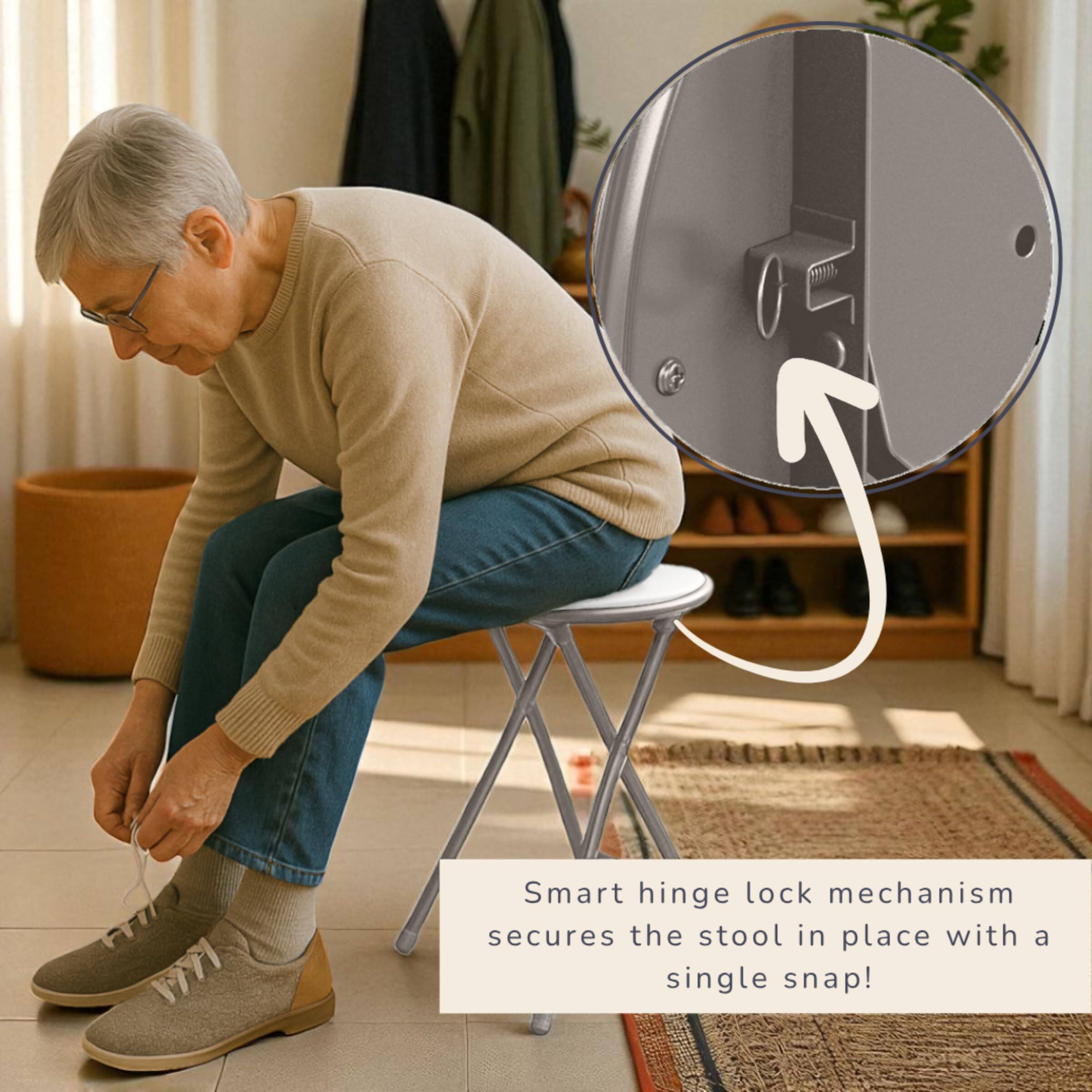 Smart hinge lock mechanism secures the stool in place with a single snap!