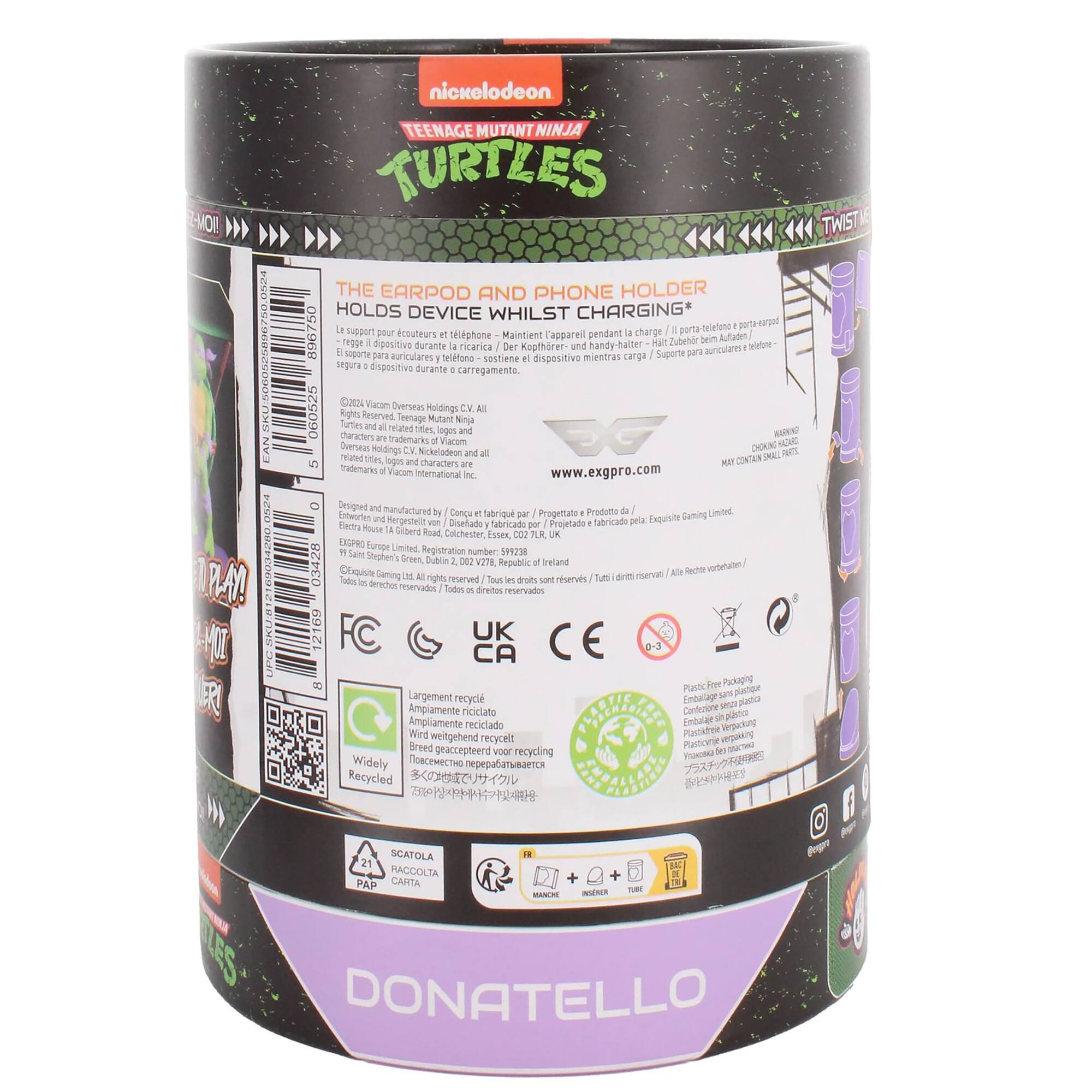 The image features a black and purple container with the word "Donatello" written on it. The container is a Teenage Mutant Ninja Turtles earpod and phone holder, designed to hold a device while it is charging. The product is made by Nickelodeon and is intended for use with earphones. The container is made of plastic and has a UPC code on it. The image also includes a barcode and a QR code, which can be used to access additional information about the product.