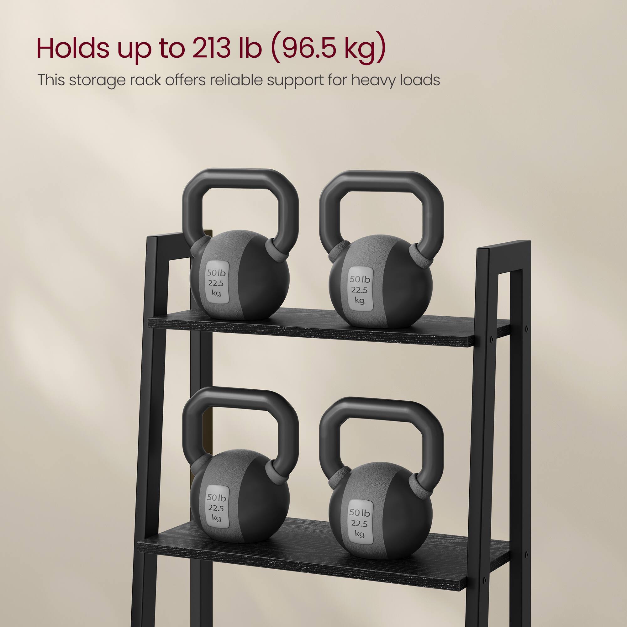 Holds up to 213 lb (96.5 kg)  
This storage rack offers reliable support for heavy loads  
50 lb 22.5 kg  
50 lb 22.5 kg  
50 lb 22.5 kg  
50 lb 22.5 kg