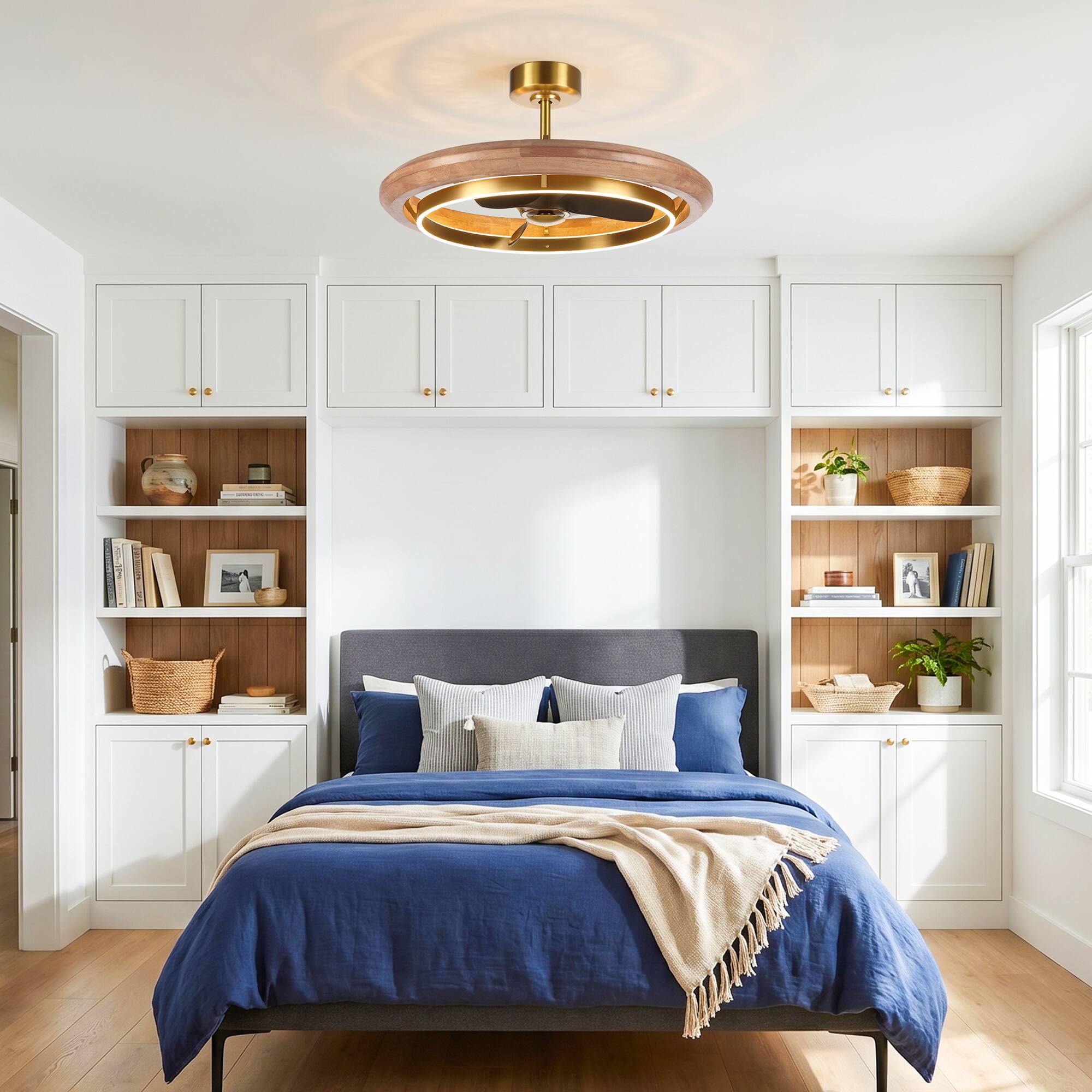 Back. Parrot Uncle - 33 Inch Gold Wood LED Ceiling Fan 6 Speed DC Motor Dimmable Caged Chandelier with Remote - Gold.