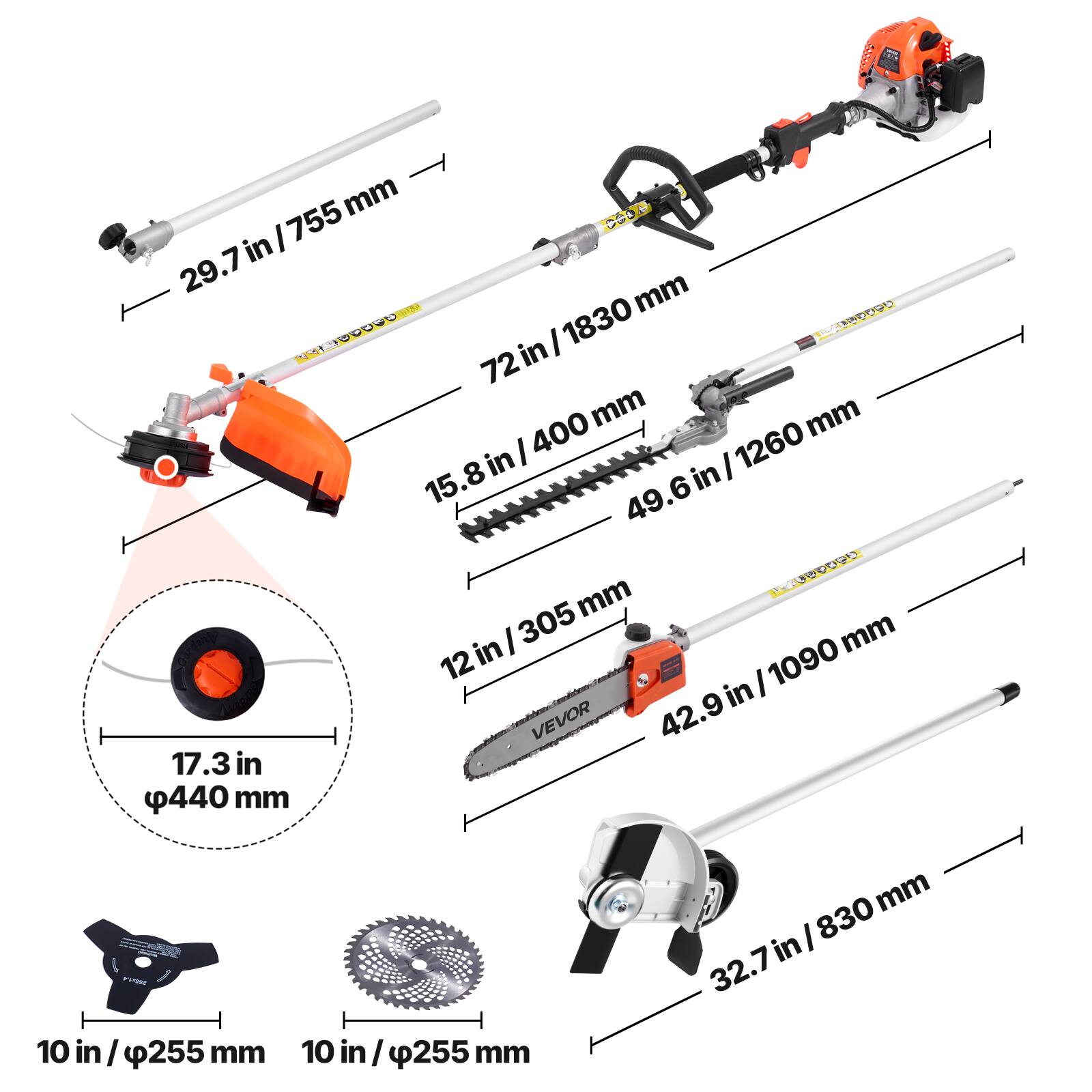 - 29.7 in / 755 mm
- 72 in / 1830 mm
- 15.8 in / 400 mm
- 49.6 in / 1260 mm
- 12 in / 305 mm
- 42.9 in / 1090 mm
- 17.3 in / φ440 mm
- 32.7 in / 830 mm
- 10 in / φ255 mm