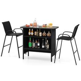 Costway - 3 PCS Outdoor Bar Set Bar Height Table & Armchairs with Footrest 2-Tier Shelf - Black