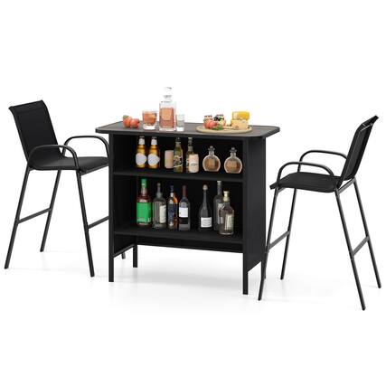 Front. Costway - Costway 3 PCS Outdoor Bar Set Bar Height Table & Armchairs with Footrest 2-Tier Shelf - Black.