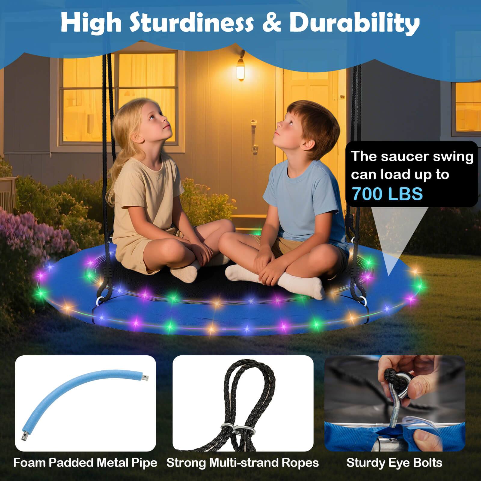 High Sturdiness & Durability

The saucer swing can load up to 700 LBS

Foam Padded Metal Pipe

Strong Multi-strand Ropes

Sturdy Eye Bolts