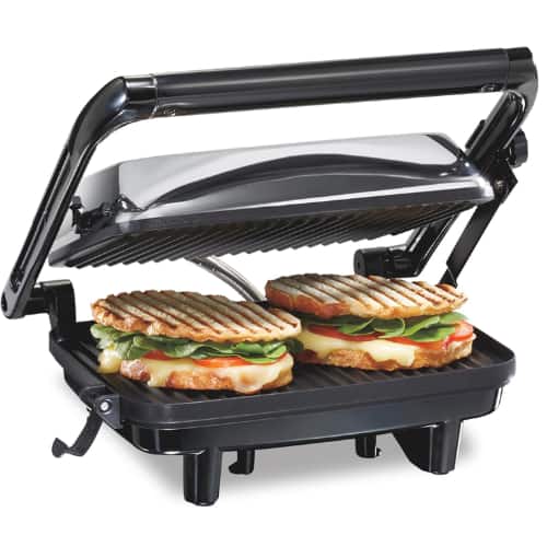 Hamilton Beach - Panini Press & Indoor Grill, Locking Lid, Nonstick 8" x 10" Grids, Chrome (25460AG) - Chrome Finish