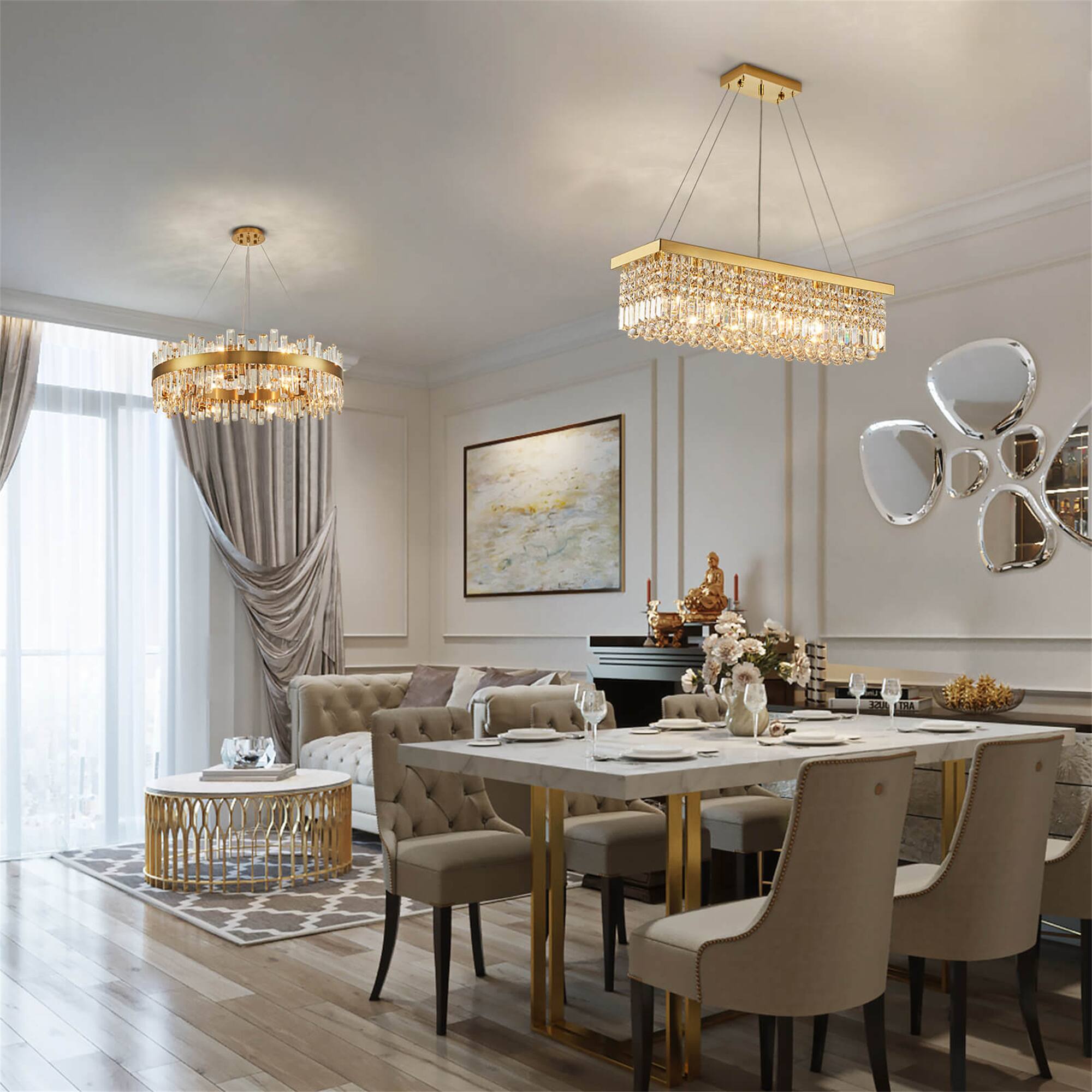 Alt View 1. Siljoy - 8-Light Gold Crystal Chandelier, Rectangular Flush Mount for Dining/Living Room & Kitchen Island - Gold.