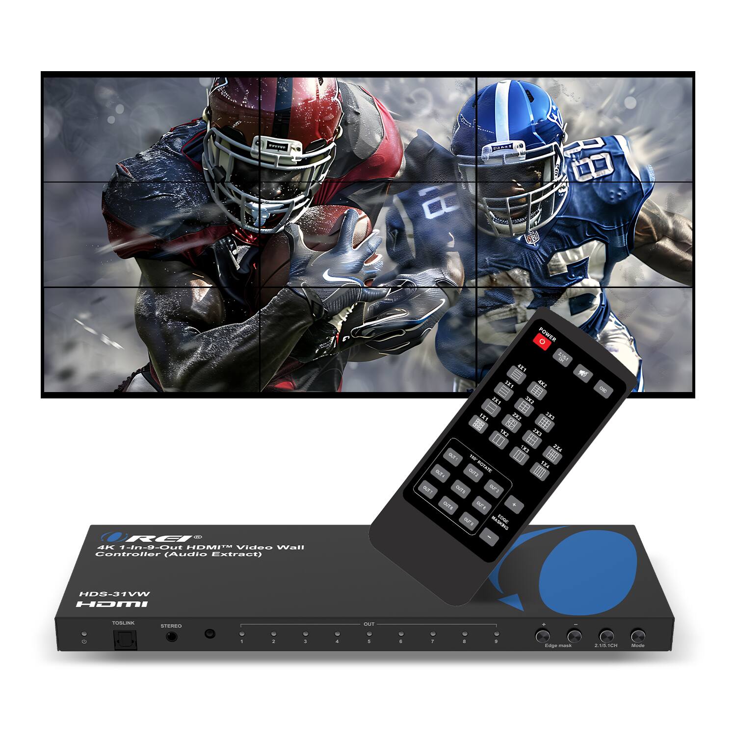 The text on the image is:

"4K 1-In-Out HDMI™ Video Wall Controller (Audio Extract)
HDS-31V
HDMI
TOSLINK
STEREO
2.1/5.1CH
Mode"