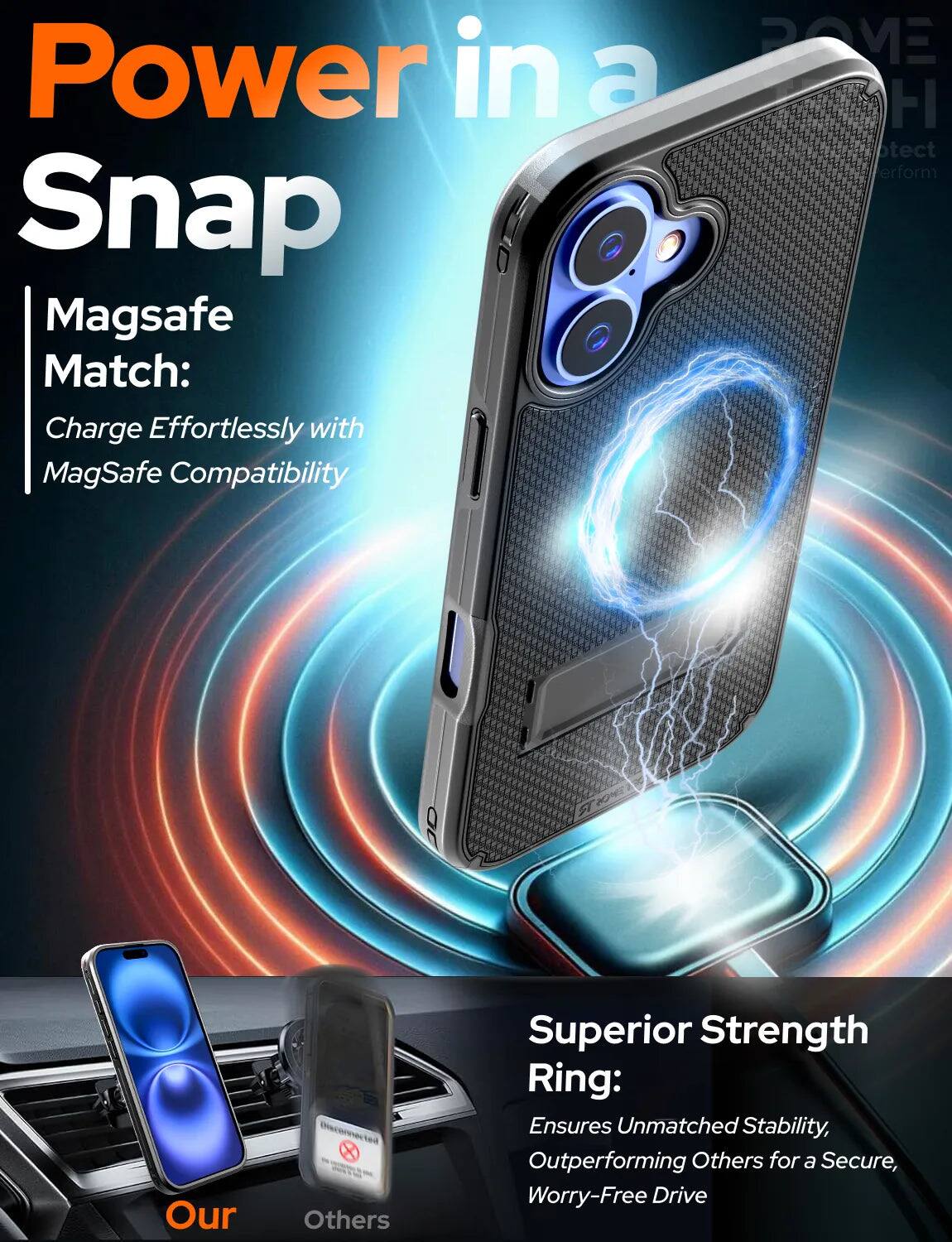 Power in a Snap

Magsafe Match: Charge Effortlessly with MagSafe Compatibility

Superior Strength Ring: Ensures Unmatched Stability, Outperforming Others for a Secure, Worry-Free Drive