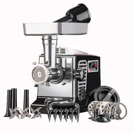 Front. STX International - Turboforce II 4000 Series Electric Meat Grinder & Sausage Stuffer: 6 Grinding Plates, 3 Blades, 3 Sausage Tubes, & Kubbe - Black.